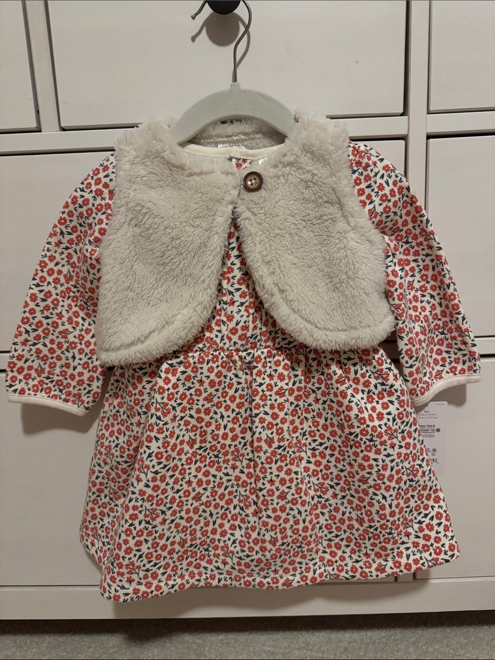 Cream Faux-Fur Vest with Red Floral Fleece-lined Dress - Kids Jacket & Coat